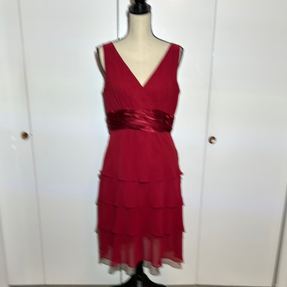 Red Tiered Ruffled V-Neck Cocktail Dress